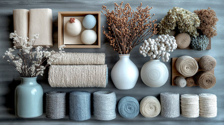 Flat lay Earthy blue grey tone kitchenware tableware Material sample for stylish spa design with vases, ceramic tableware, fabric and towel AI-Generatedの素材