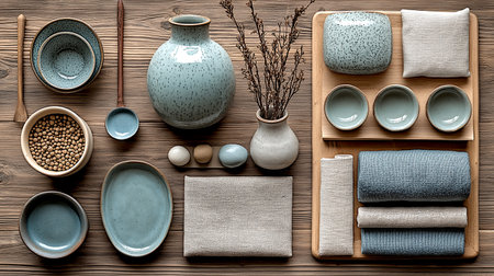 Flat lay Earthy Green kitchenware tableware Material sample for stylish home decoration with vases, ceramic tableware AI-Generatedの素材
