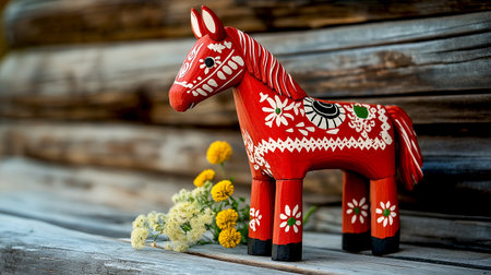 Swedish traditional souvenir Dala or Dalecarlian horses, red color wood material with white floral folk pattern ornaments wood wall background AI-generatedの素材
