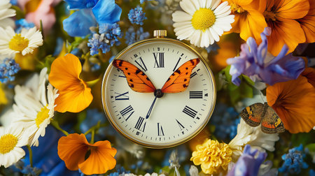 Classic black and white alarm clock with colorful flowers and butterfly. Concept of change seasons, daylight saving time. Goodbye autumn. Natural background. AI-generatedの素材