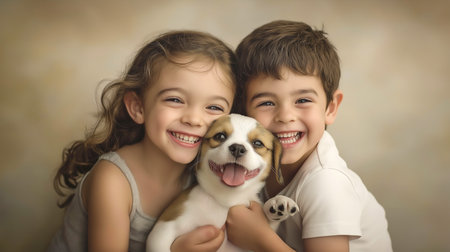 Adorable little boy and girl with lovely puppy dog in studio shot background, Kids and animals friendship concept. AI-generatedの素材