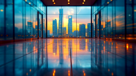 Inside the building with Architecture Skyscraper view, sunset background business concept AI-Generatedの素材