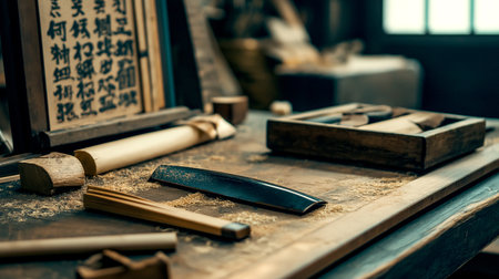 Closeup carving wood sheet with calligraphy and tools in traditional Japanese style. craftmanship concept AI-Generatedの素材