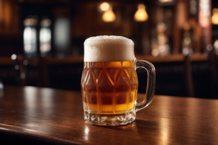 A transparent glass with beer and foam. On a wooden table in the bar.の素材
