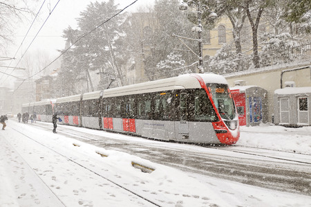 Speed ??tram in downtown of snowy Istanbulのeditorial素材