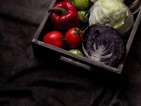 mixed of vegetable in the tray with dark backgroundの写真素材