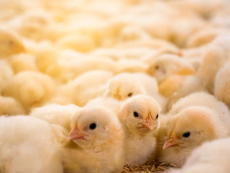 Yellow baby chickens were grrounding in the farm to started feeding in the chicken farm business picture with yellow light backgroundの写真素材