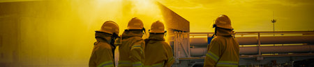 Fireman in the training session of emergency to recovery and fighting fire case picture on yellow...