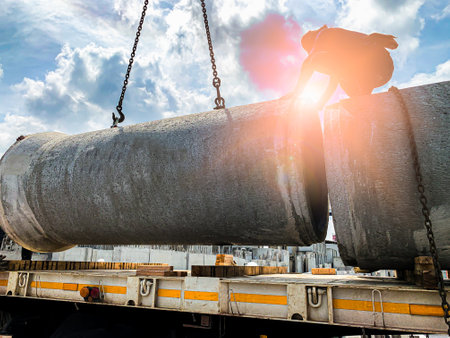 worker was loading the concrete culvert pipe on the trailer floor with yellow lightの写真素材