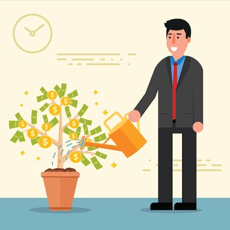 Successful young businessman or broker watering money tree. Cartoon vector illustration of manager or boss as concept of financial growth and investment. Male entrepreneurのイラスト素材