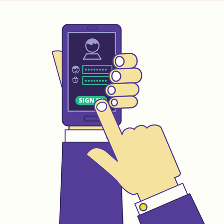 Social media or internet site sign in via smartphone. Login and password identification illustration. Hands holding cell phone with authorization webpage opened.のイラスト素材