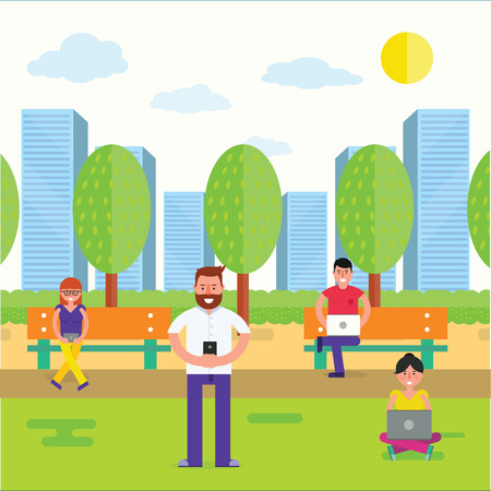 Various people using gadgets with wireless internet outdoor. Man and woman with smartphone or cell phone, laptop, tablet in park as online communication concept. Vector illustrationのイラスト素材