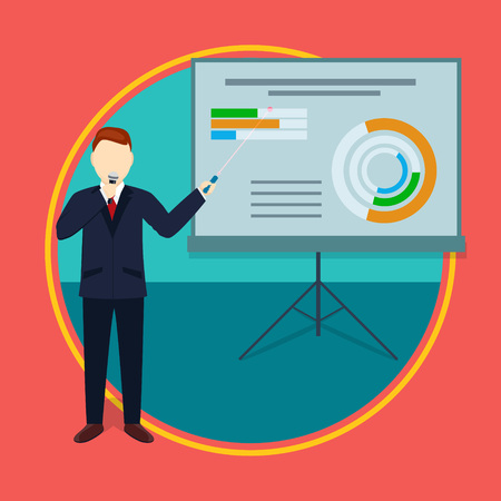 Successful businessman with microphone, infographics presentation with laser pointer and talking conceptのイラスト素材