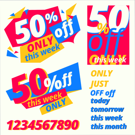 Various 50 percent off discount templates with set of ready phrases and figuresのイラスト素材