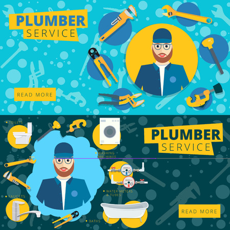 Set of vector plumber service concept web banner design. Plumbing repair tools background in flat styleのイラスト素材