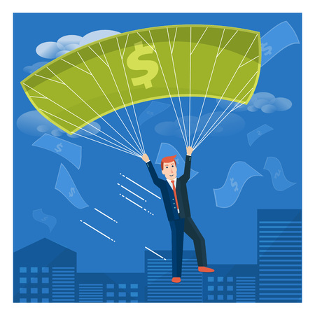 Businessman flying with dollar parachute over the city. Business success or money-making vector concept illustration.のイラスト素材