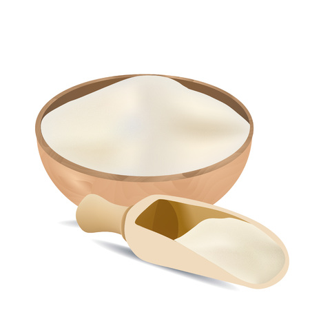 White flour in wooden bowl and spoon isolated on white background. Wheat grain powder vector illustrationのイラスト素材