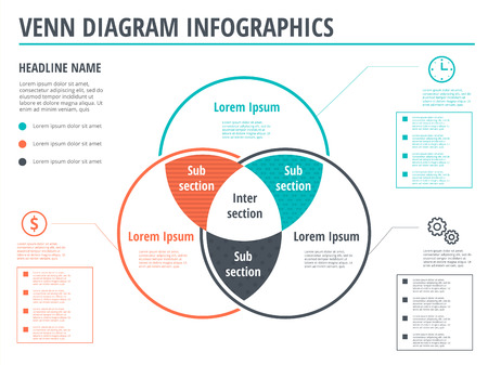 Venn diagram circles infographics template design. Vector overlapping shapes for set or logic graphic illustration.のイラスト素材