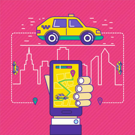 Public taxi call mobile application in trendy cartoon line style. Vector illustration of cab service for web apps background design.のイラスト素材