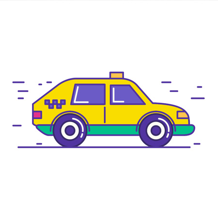 Yellow public taxi car icon design in trendy cartoon line style. Vector illustration of city cab service isolated on white background.のイラスト素材