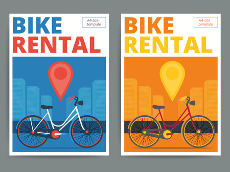 Trendy bicycle rental service poster design. Modern vector bike hire advertisement flyer in A4 size. Cycle and city background.のイラスト素材