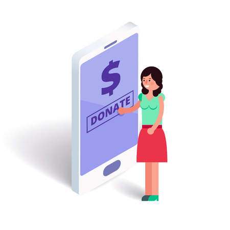 Young female pushing donate button on smartphone. Girl subscribes mone for charity or crowdfunding via internet on cell phone. Vector stock illustrationのイラスト素材