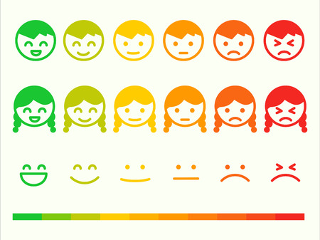 Feedback rate emoticon icon set. Emotion smile ranking bar. Vector smiley face customer or user review, survey, vote rating. Emoji opinion symbolsのイラスト素材