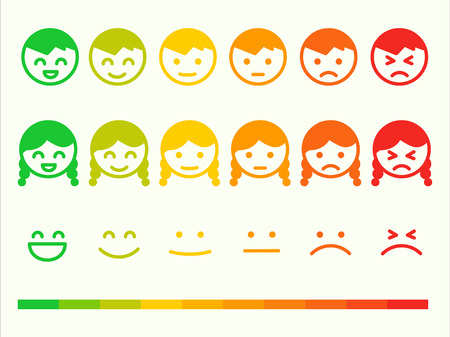 Feedback rate emoticon icon set. Emotion smile ranking bar. Vector smiley face customer or user review, survey, vote rating. Emoji opinion symbols