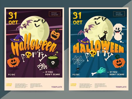 Happy Halloween party poster template design. All hallow eve flyer in scary cartoon style. All saint holiday club event layout. Vector illustrationのイラスト素材