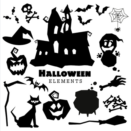Happy Halloween scary black silhouettes collection. Vector holiday set of spooky cartoon illustrations. Pumpkin, bat, ghost, witch hat, cat, spider, skull, bone, boiler, castle, moon, broom. Trick or treatのイラスト素材