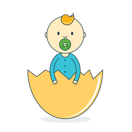 Baby boy in eggshell with pacifier. Newborn human male in hatch vector illustration. Offspring or toddler in nutshell. Birth of child or infant cartoon image in flat line style.のイラスト素材