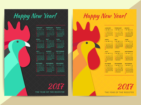 Chinese horoscope Rooster symbol. Creative 2017 calendar grid. Happy new year zodiac vector background illustration designのイラスト素材