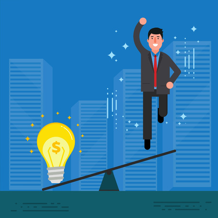 Young businessman or broker jumping after overweighting by light bulb. Startup or business idea concept. Innovation, creative mind and perspective discovery image. Vector illustrationのイラスト素材