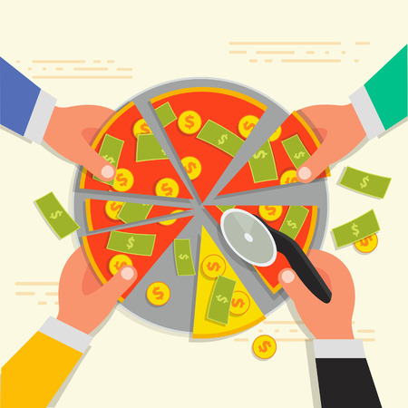 Business shareholder concept in flat style. Vector illustation of businessman stockholder cutting off money pizza. Investment or share in companyのイラスト素材