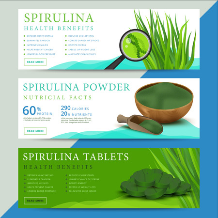 Set of spirulina algae information website or social media banners. Arthrospira seaweed dietary supplement background templates. Superfood vector illustrationのイラスト素材