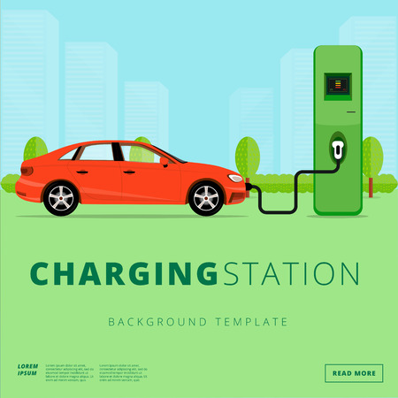 Electric car charging station concept. EV recharging point or EVSE. Plug-in vehicle getting energy from battery supply.のイラスト素材