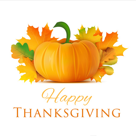 Happy thanksgiving day greeting card. Holiday vector background. Pumpkin with fall leaves decoration and text. Giving thanks social media bannerのイラスト素材