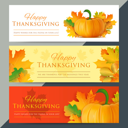 Set of happy thanksgiving day web banners. Autumn holiday vector background. Pumpkin with fall leaves decoration and text. Giving thanks social media website adのイラスト素材