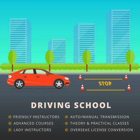 Driving school web banner advertisement design. Car driver classes or lessons vector illustration. City skyline and park background with auto and training cones.のイラスト素材