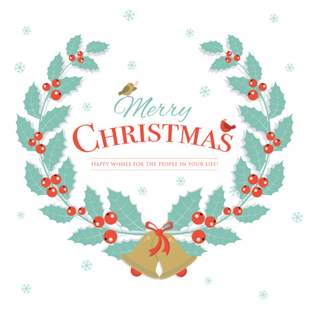 Merry Christmas winter background design. Xmas decorations and characters. Holly wreath holiday symbol with greeting phrase textのイラスト素材