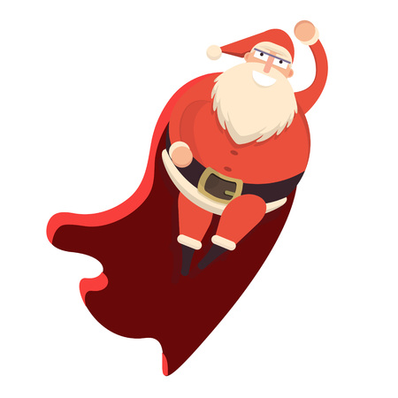 Santa Claus flying like superhero in red cape waving behind. Cute cartoon cheerful and smiling Father Frost character. Flat style vector illustrationのイラスト素材