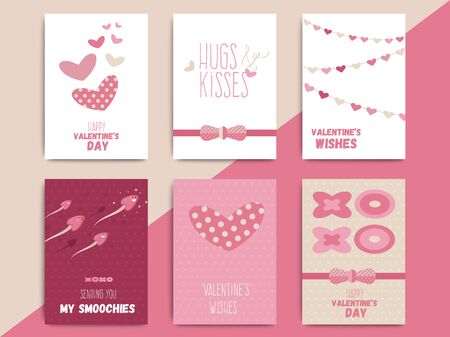 Happy valentine day postcard template set design. Love holiday poster or greeting card in funny cartoon style. Vector layout illustration.のイラスト素材