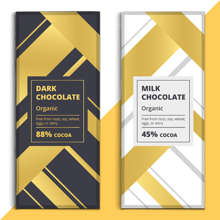Organic dark and milk chocolate bar design. Choco packaging vector mockup. Trendy luxury product branding template with label and geometric patternのイラスト素材