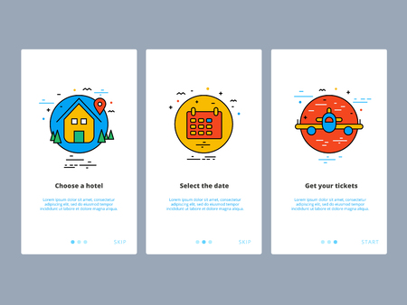 Travel and tourism onboarding screens design. Web UI GUX and UX template for mobile apps on smartphone or website. Modern illustration layout with line vector icons and elements.のイラスト素材