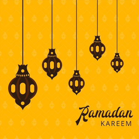 Ramadan Kareem greeting banner with arabic lamps and text. Islamic holiday poster background template design. Abstract creative vector layout with religious symbols.のイラスト素材