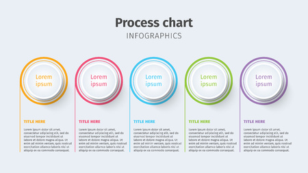 Business process chart infographics with step circles. Circular corporate timeline graphic elements. Company presentation slide template. Modern vector info graphic layout design.のイラスト素材