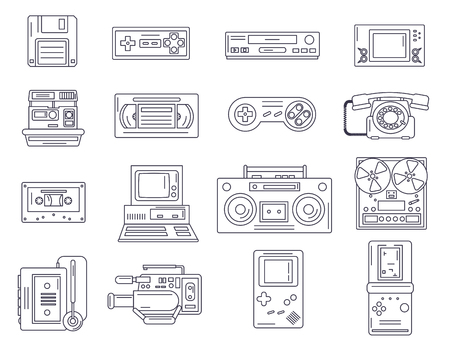 Retro electronic gadgets from 90s in flat linear style. Hipster old devices from nineties.のイラスト素材