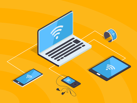 Isometric wifi network with smart gadgets. Synchronization cloud technology and internet wireless connection with icons of smartphone, laptop, mp3 player, smartwatch.のイラスト素材