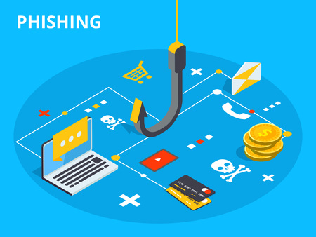 Phishing via internet isometric vector concept illustration. Email spoofing or fishing messages. Hacking credit card or personal information website. Cyber banking account attack. Online sucurity.