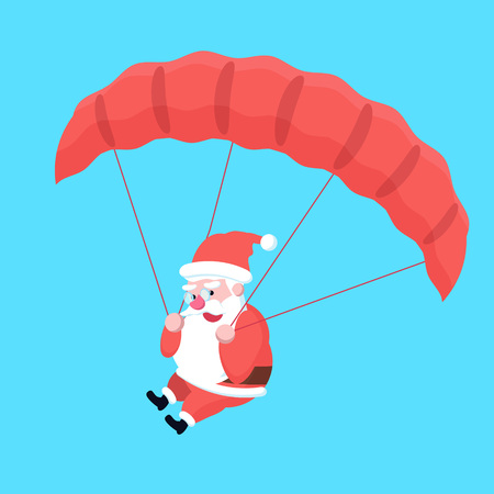 Cute happy fast flying with parachute cartoon Santa Claus. Christmas holiday character jumping with guardian for poster or postcard. Merry Xmas theme illustration in flat design.のイラスト素材